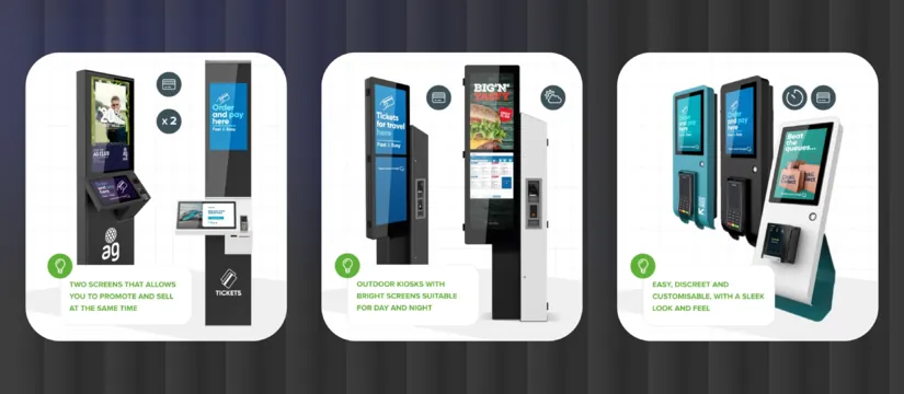 The three kiosk ranges: a dual screen unit to promote and sell at the same time, outdoor kiosks with bright screens for day and night, and compact desk kiosks