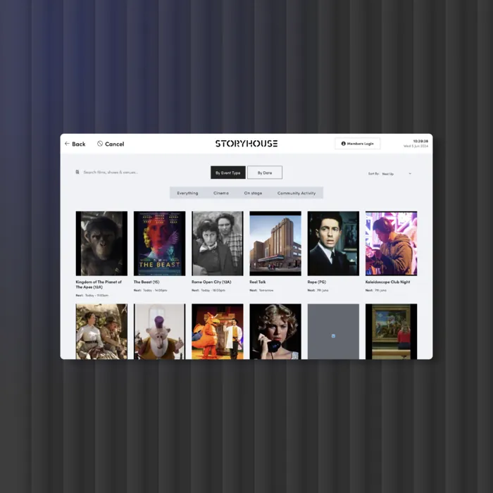The Storyhouse kiosk's event listing, showing films and shows to browse by event type or date