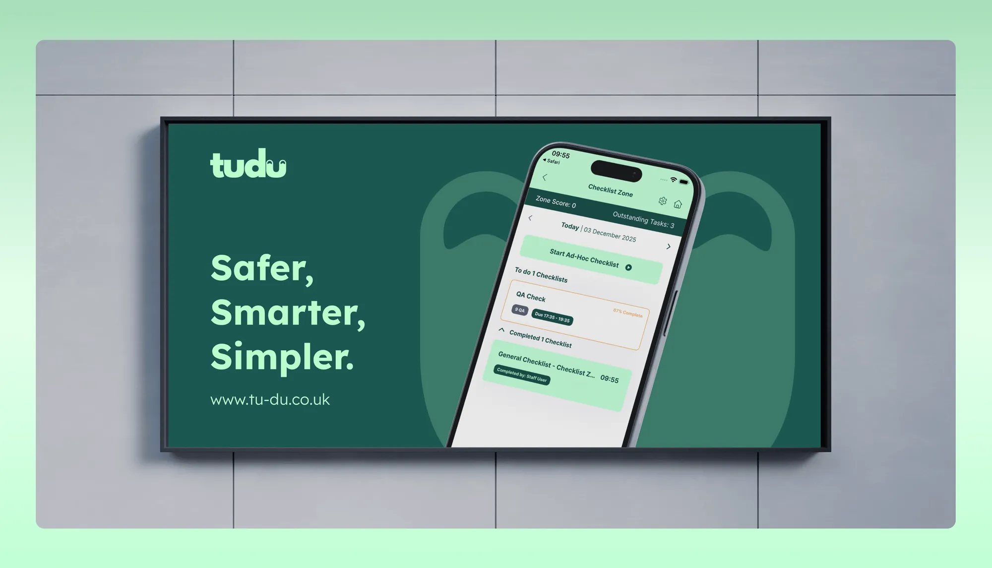 A Tudu advert on a wall-mounted screen: Safer, Smarter, Simpler
