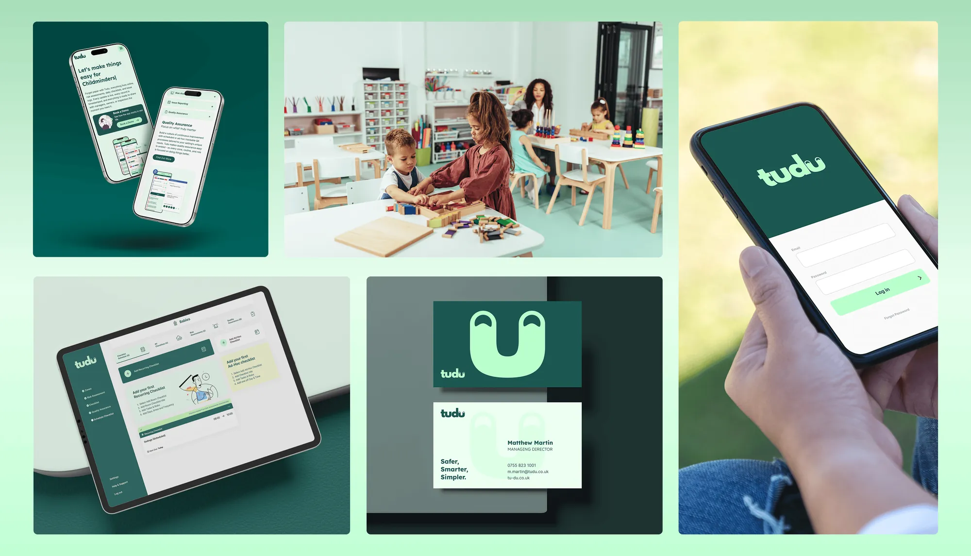 The Tudu brand in use: the marketing site and app on phones and a tablet, business cards and a nursery photo