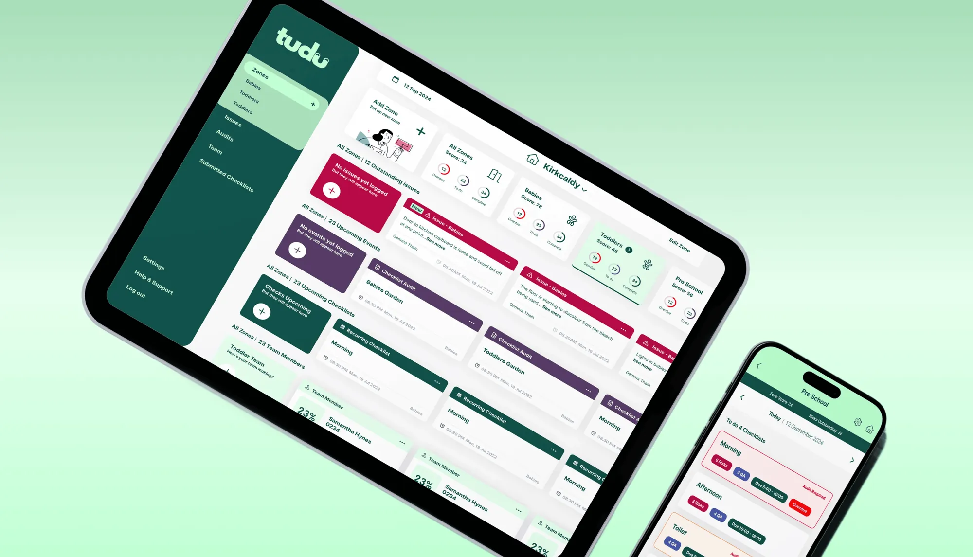 The Tudu manager dashboard on a tablet, with the staff checklist app on a phone