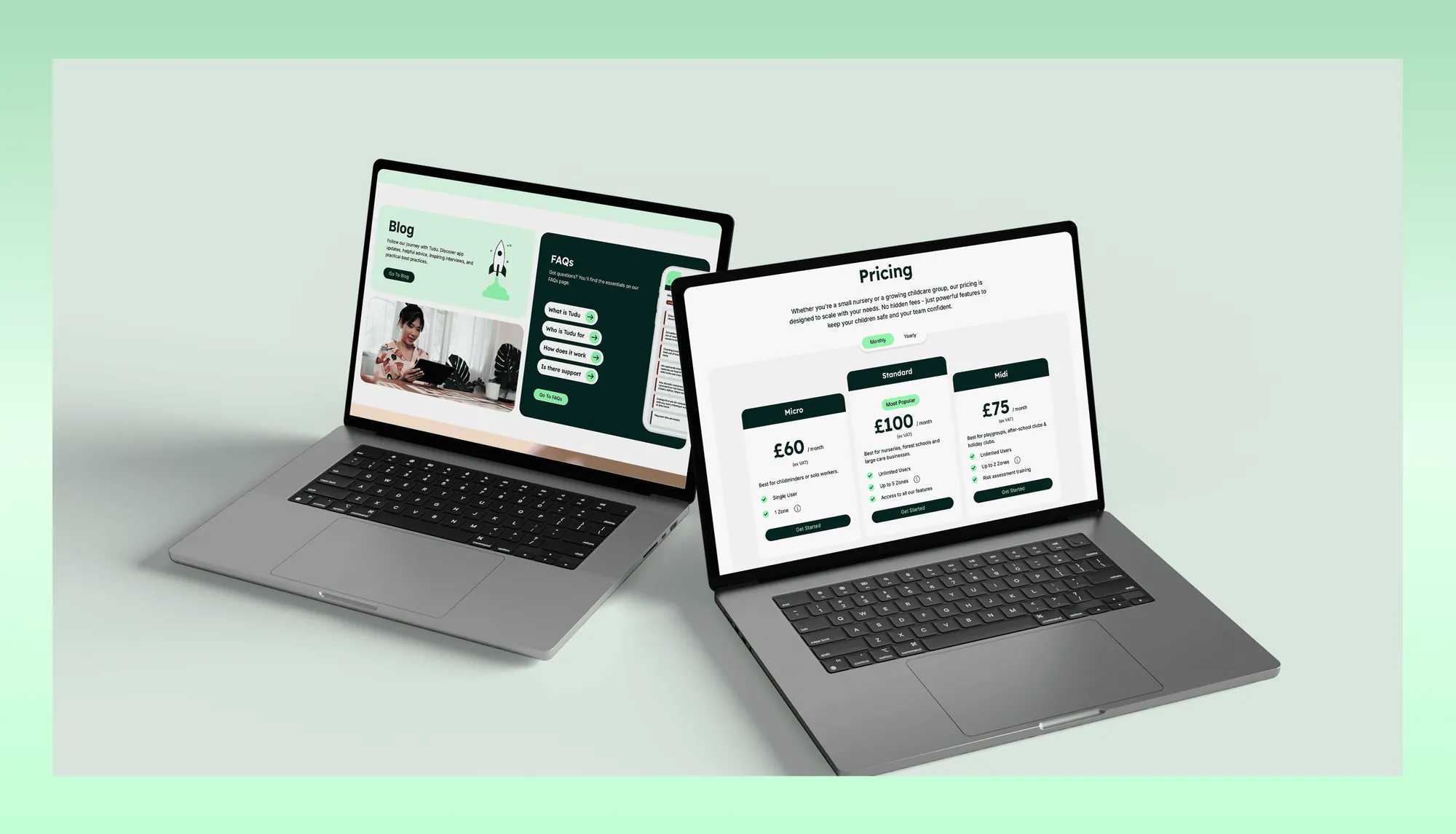 The Tudu blog and pricing pages open on two laptops