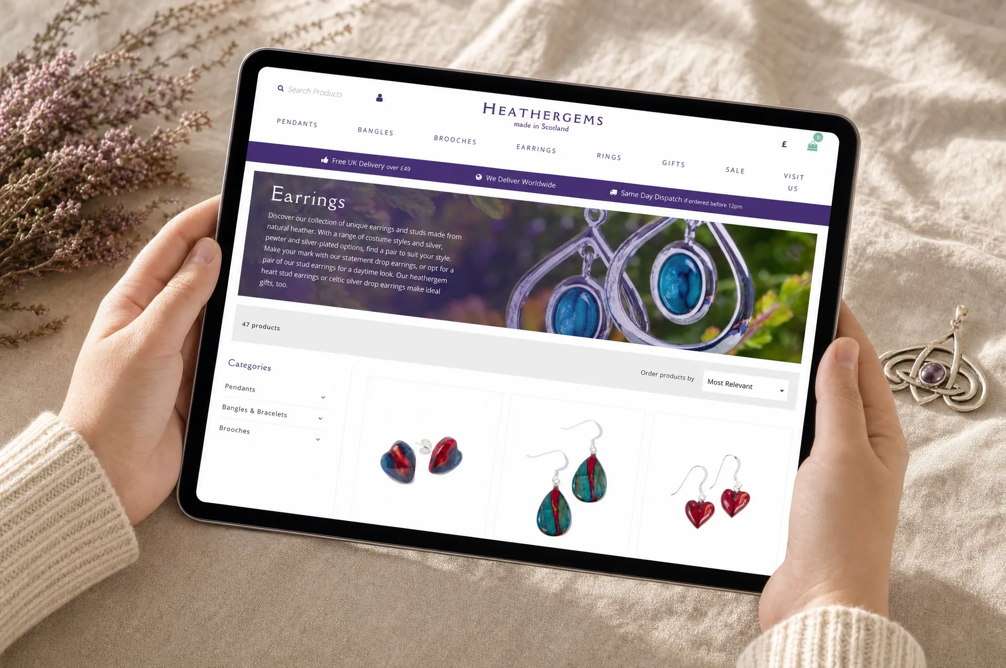 The Heathergems website on a tablet