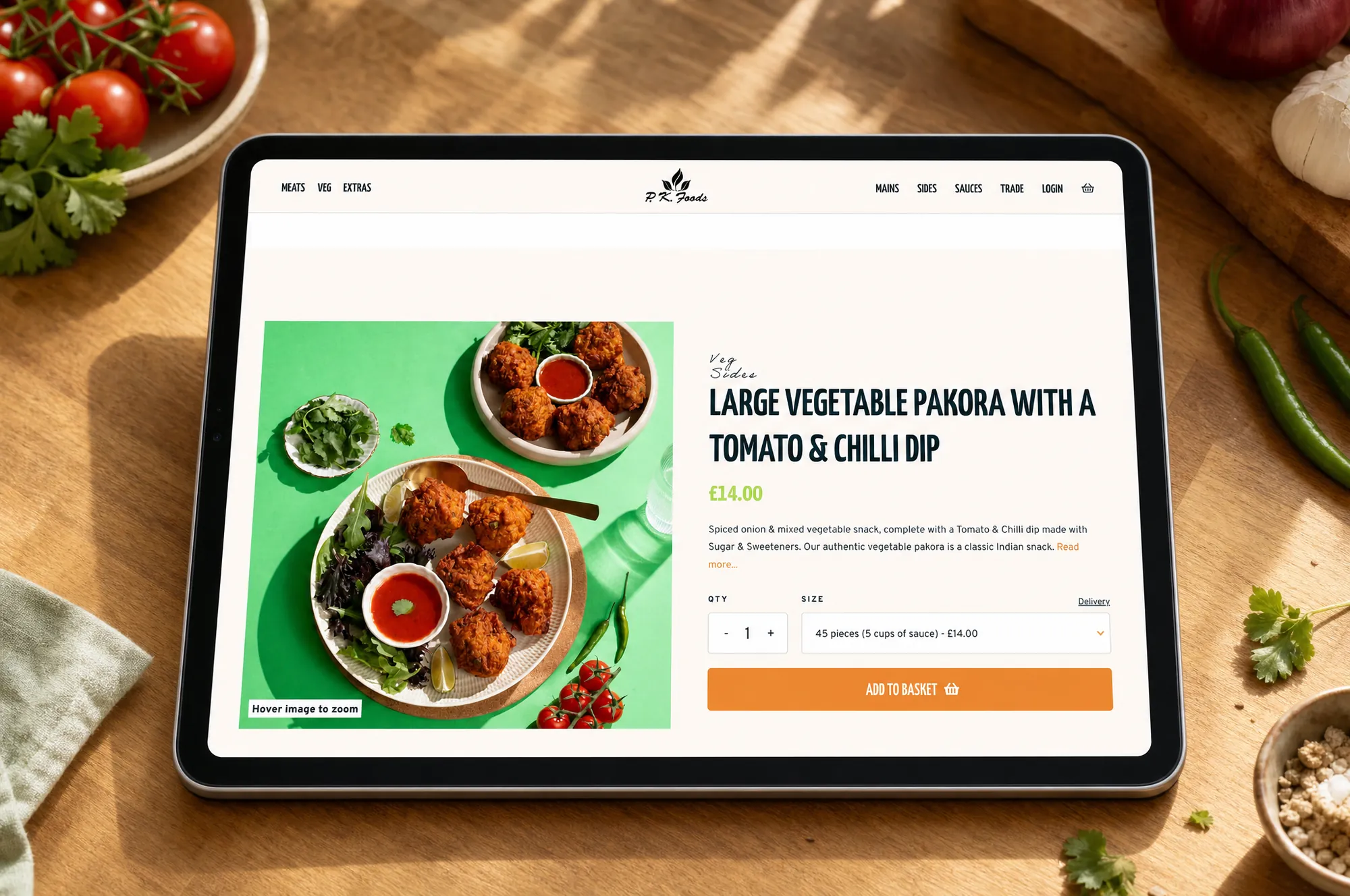 The PK Foods website on a tablet