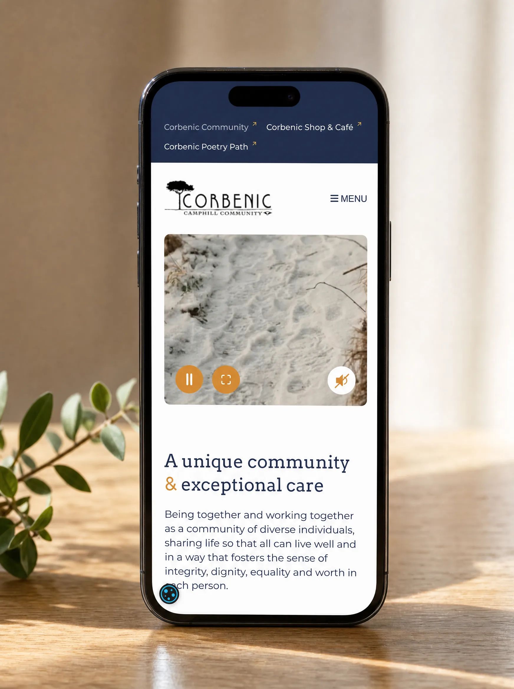 The Corbenic Camphill Community website on a mobile