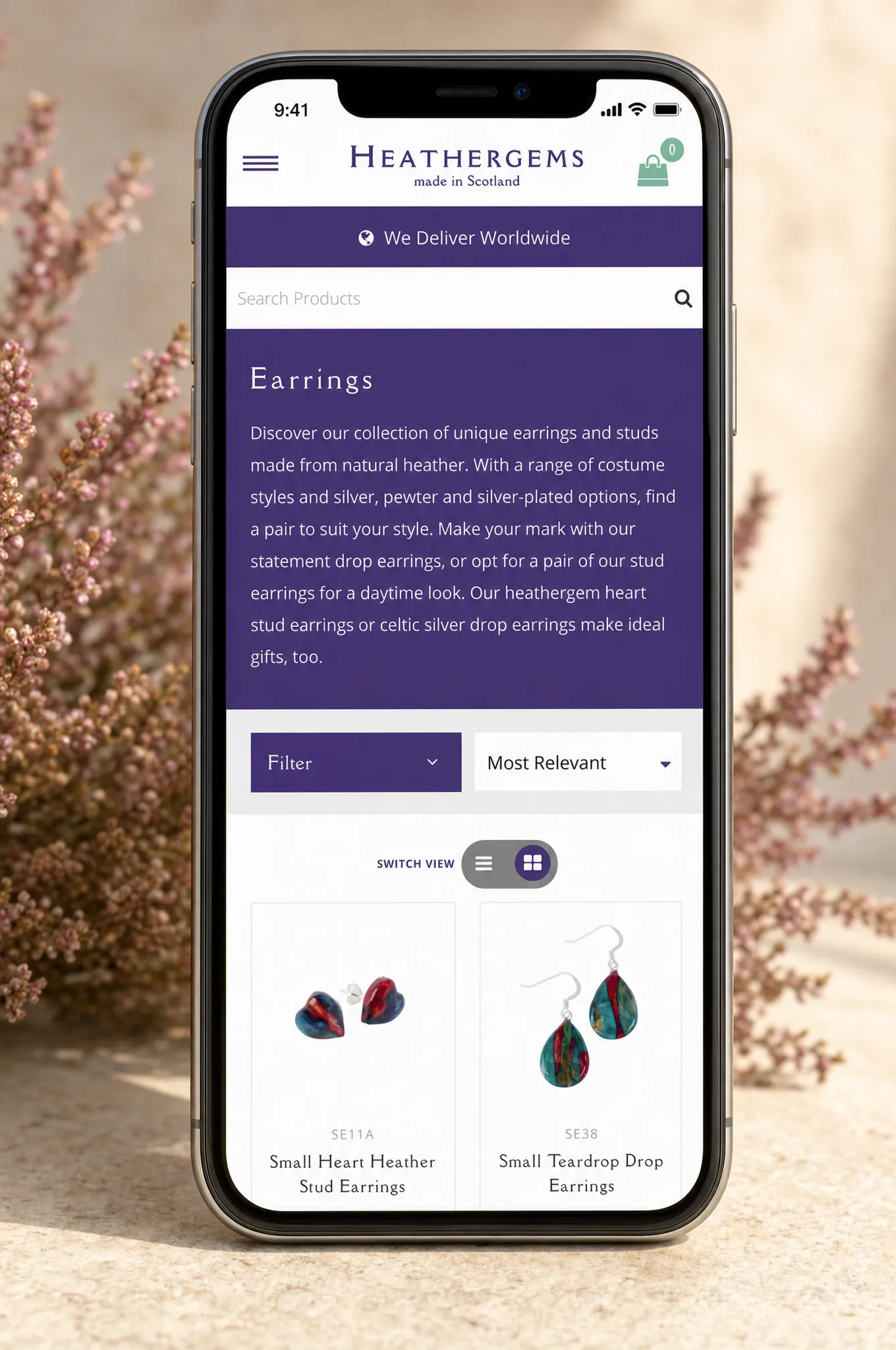 The Heathergems website on a mobile