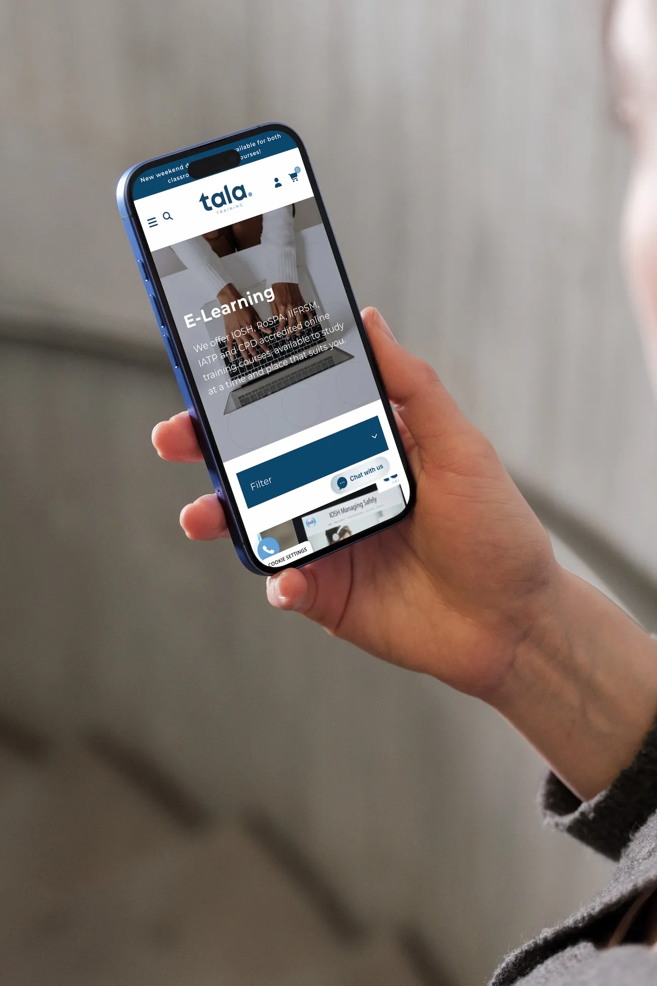 The Tala Training website on a mobile